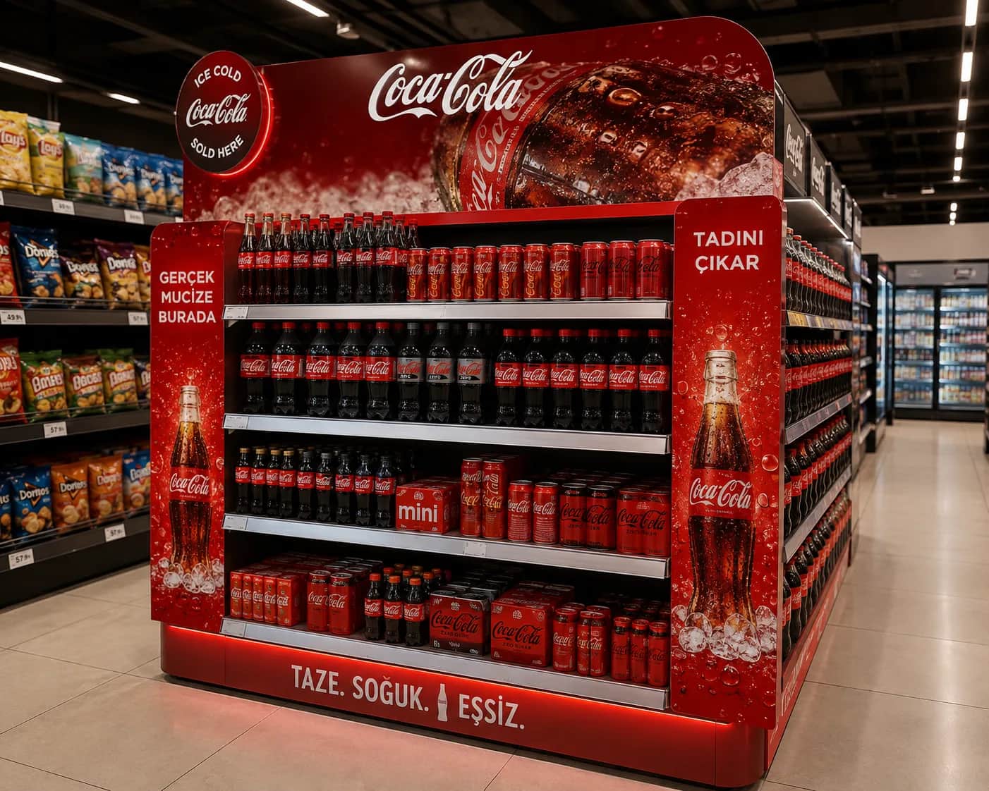 Market koridorunda duran, dört raflı markalı içecek teşhir gondolu